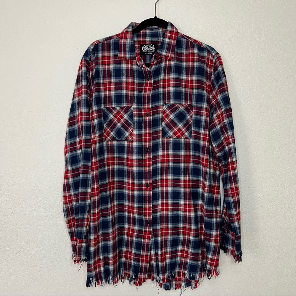 One 24‎ Rags Tunic Button Up Plaid Distressed Cotton Flannel Top Women’s Size XL